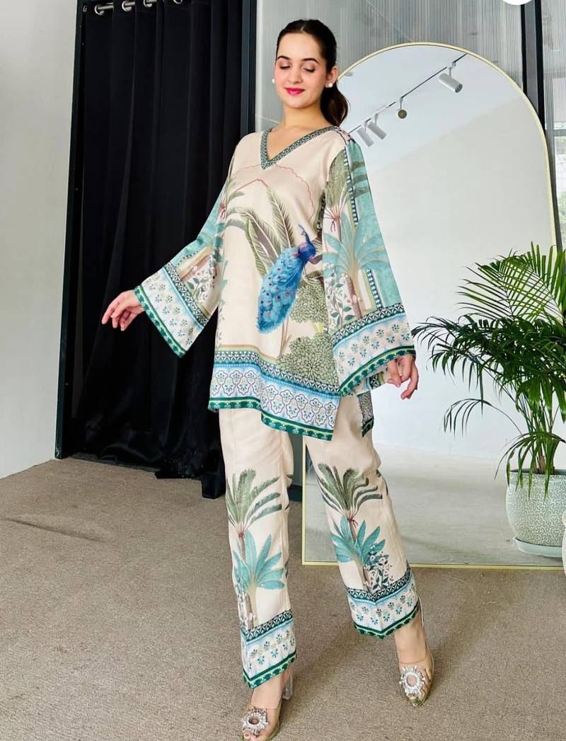 White aaysa floral printed  collar neck tunic with trousers co-ords set