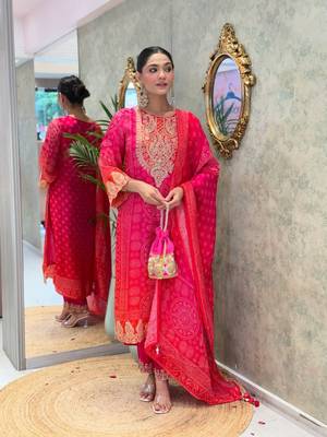 Pink  yoke design embroidery chanderi silk blend a-line kurta with trousers & dupatta 1