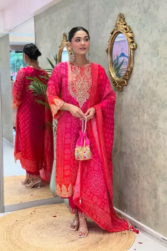 Pink aaysa yoke design embroidery chanderi silk a-line kurta with trousers & dupatta
