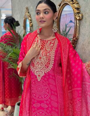 Pink  yoke design embroidery chanderi silk blend a-line kurta with trousers & dupatta 2