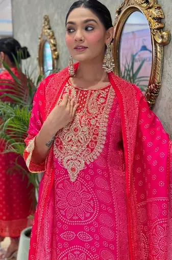 Pink  yoke design embroidery chanderi silk blend a-line kurta with trousers & dupatta