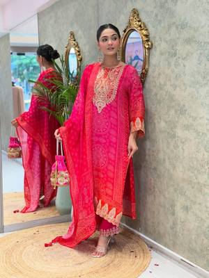 Pink  yoke design embroidery chanderi silk blend a-line kurta with trousers & dupatta 3