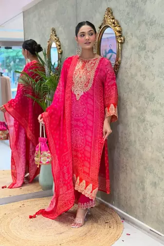 Pink  yoke design embroidery chanderi silk blend a-line kurta with trousers & dupatta