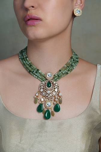 Gold plated kundan green stone necklace