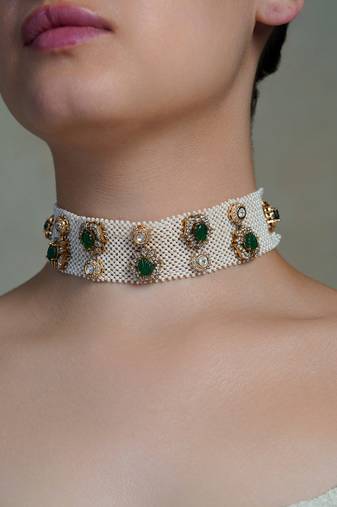 Gold plated kundan green stone necklace