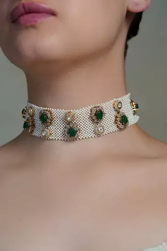 Gold plated kundan green stone necklace