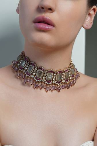 Gold plated kundan pink stone choker necklace set