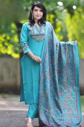 Blue aaysa embroidery cottan a-line kurta with trousers & dupatta