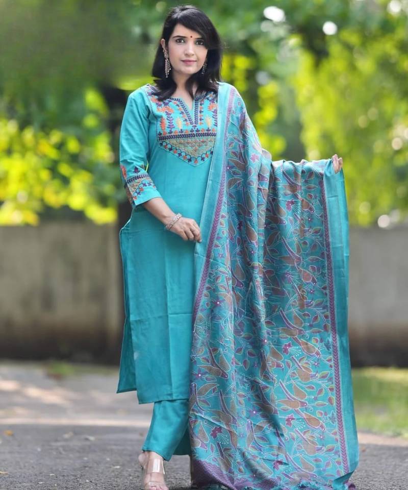 Blue aaysa embroidery cottan a-line kurta with trousers & dupatta