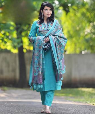 Blue  embroidery cottan a-line kurta with trousers & dupatta 2