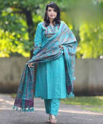 Blue  embroidery cottan a-line kurta with trousers & dupatta 3