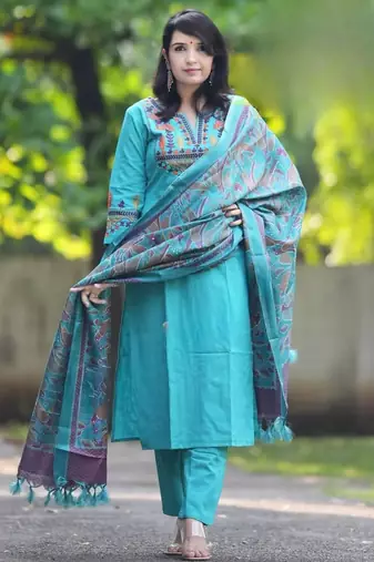 Blue  embroidery cottan a-line kurta with trousers & dupatta