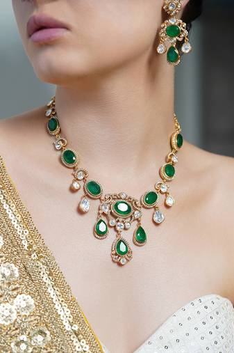 Gold plated kundan green stone necklace set