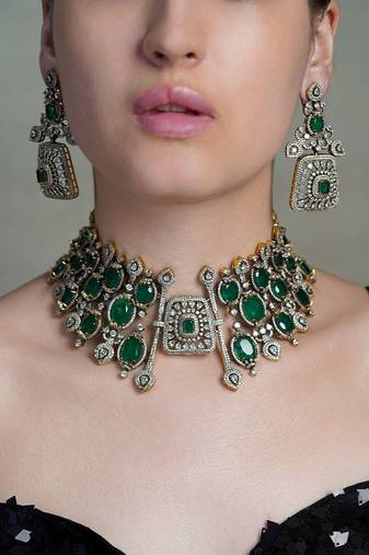 Gold plated kundan green stone necklace set