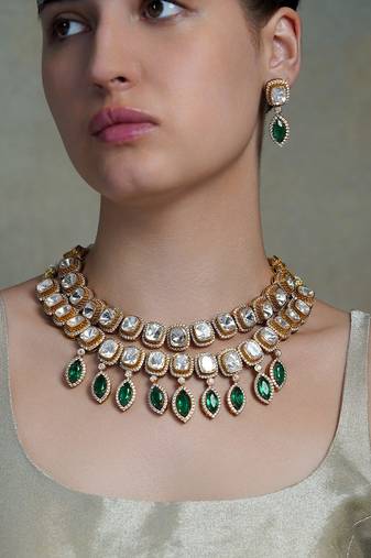Gold plated kundan green stone necklace set
