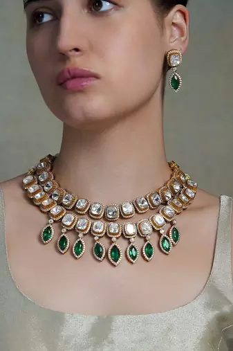 Gold plated kundan green stone necklace set