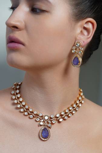 Gold plated kundan purple stone necklace set