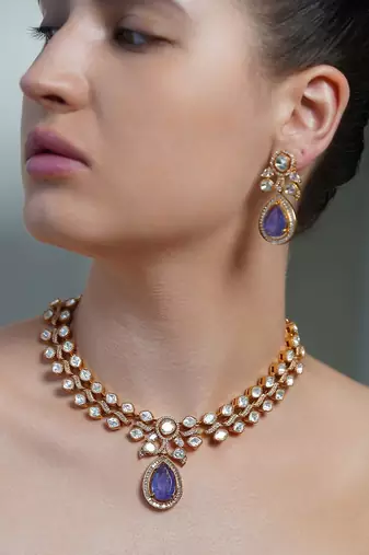 Gold plated kundan purple stone necklace set