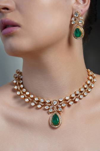 Gold plated kundan green stone necklace set