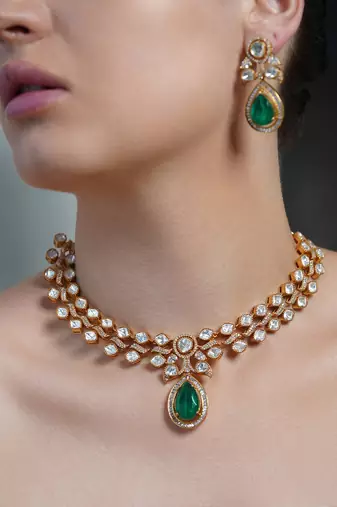 Gold plated kundan green stone necklace set