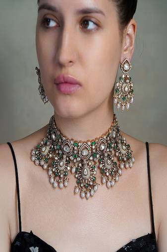 Gold plated kundan green stone necklace set