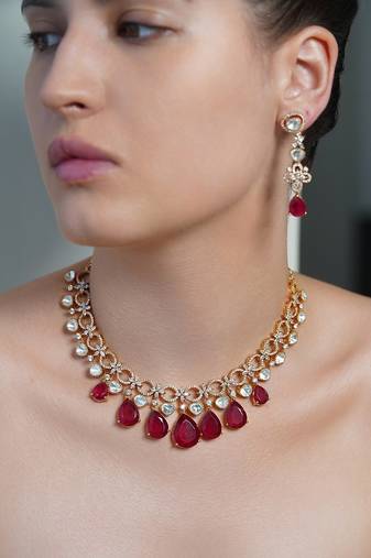 Gold plated kundan red stone necklace set