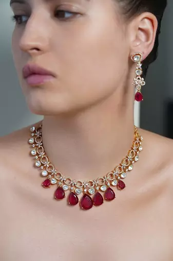 Gold plated kundan red stone necklace set