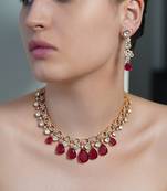 Gold plated kundan red stone necklace set