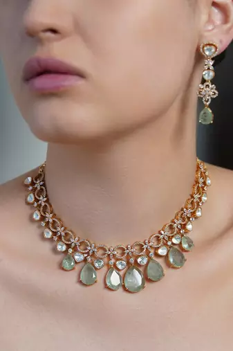 Gold plated kundan green stone necklace set