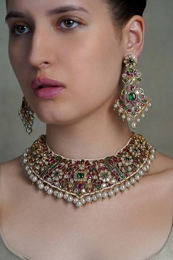 Gold plated kundan multicolor necklace set