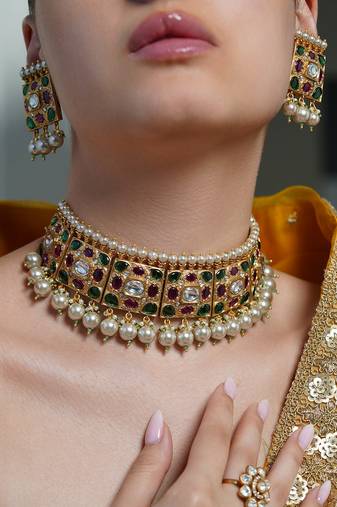Gold plated kundan multicolor necklace set