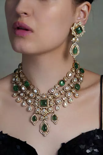 Gold plated kundan green stone necklace set
