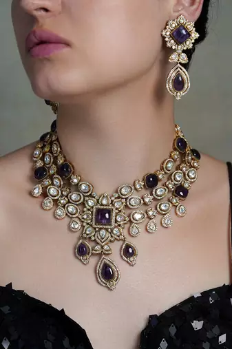 Gold plated kundan purple stone necklace set