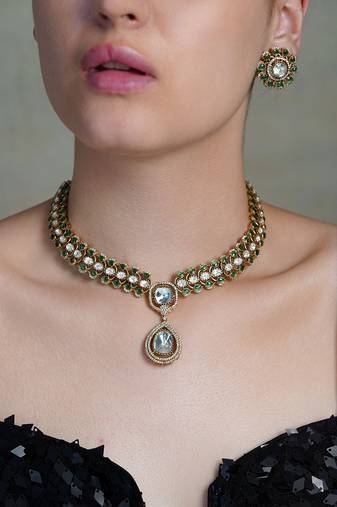 Gold plated kundan green stone necklace set