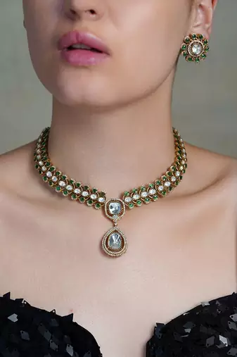 Gold plated kundan green stone necklace set
