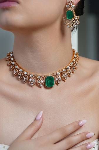 Gold plated kundan green stone necklace set