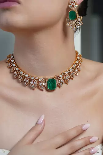 Gold plated kundan green stone necklace set