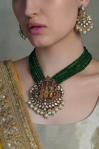 Gold plated kundan green stone necklace set