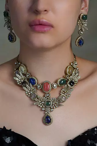 Gold plated kundan multicolor layered necklace set