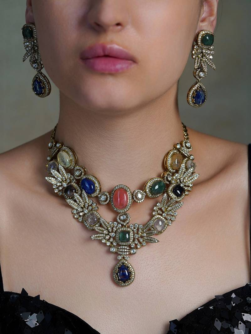 Gold plated kundan multicolor layered necklace set