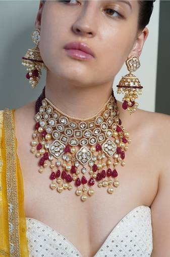 Gold plated kundan red stone necklace set