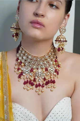 Gold plated kundan red stone necklace set