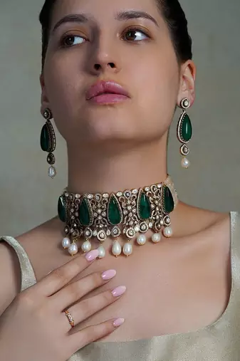 Gold plated kundan green stone necklace