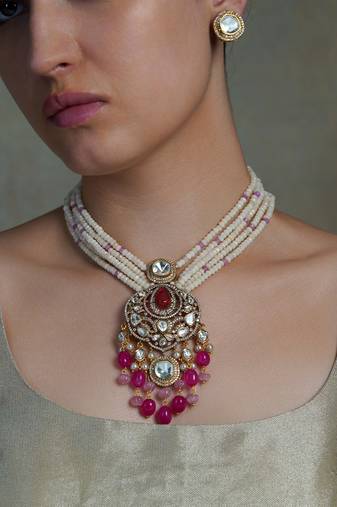 Gold plated kundan pink stone necklace set