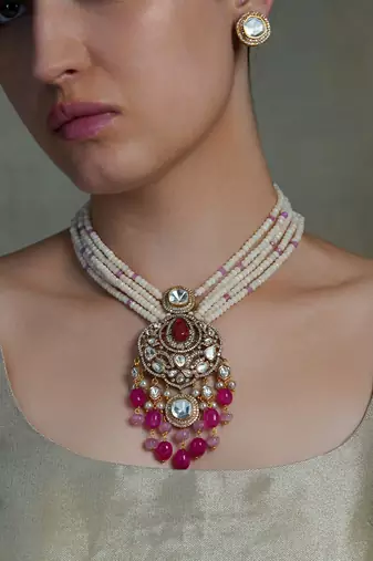 Gold plated kundan pink stone necklace set