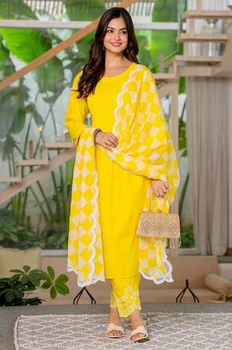 Yellow aaysa embroidery cottan a-line kurta with trousers & dupatta