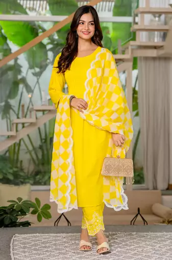 Yellow aaysa embroidery cottan a-line kurta with trousers & dupatta