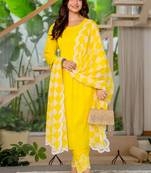 Yellow  embroidery cottan a-line kurta with trousers & dupatta