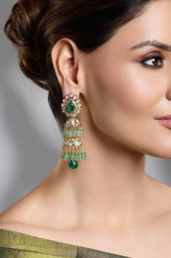 Gold plated kundan green stone earrings