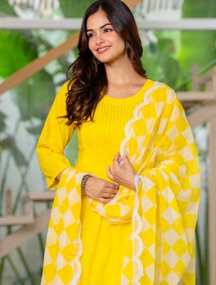 Yellow  embroidery cottan a-line kurta with trousers & dupatta 2
